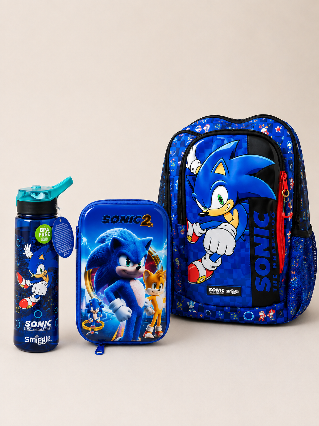 Sonic Smiggle bag, Smiggle water bottle and 3D pencil case Set