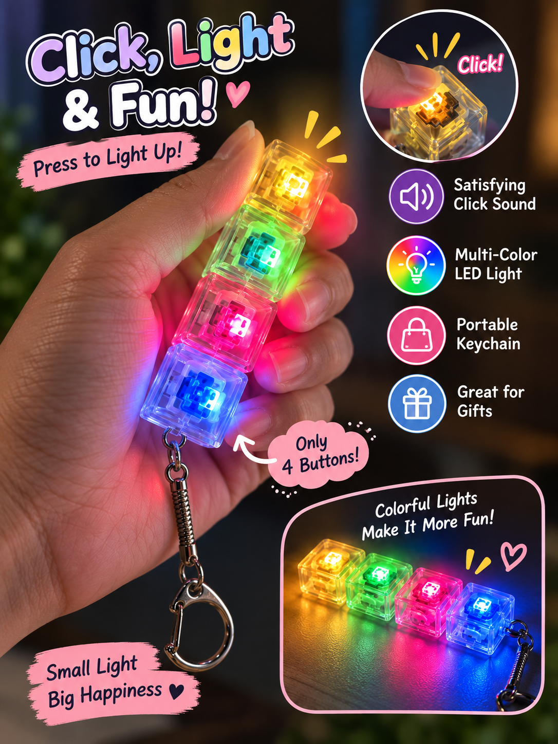 4-Button Multicolor LED Light Keychain – Click Sound Fidget Toy & Portable Mini Light Main image