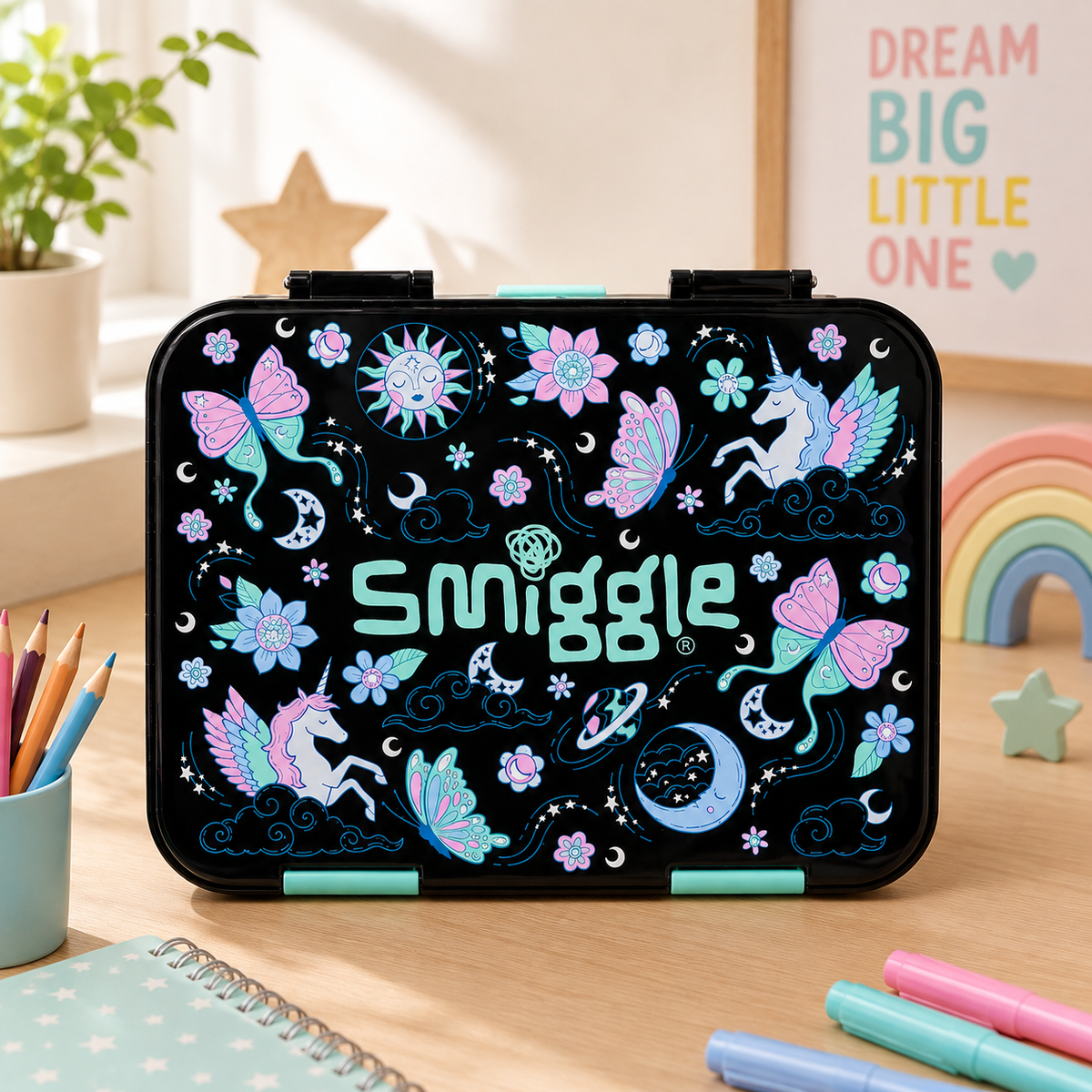 A black rectangular desk organizer case with a colorful glittery unicorn and butterfly design, featuring the brand name 'Smiggle' in mint green on the front. The case is styled on a wooden desk with stationery items and a child-friendly background.
