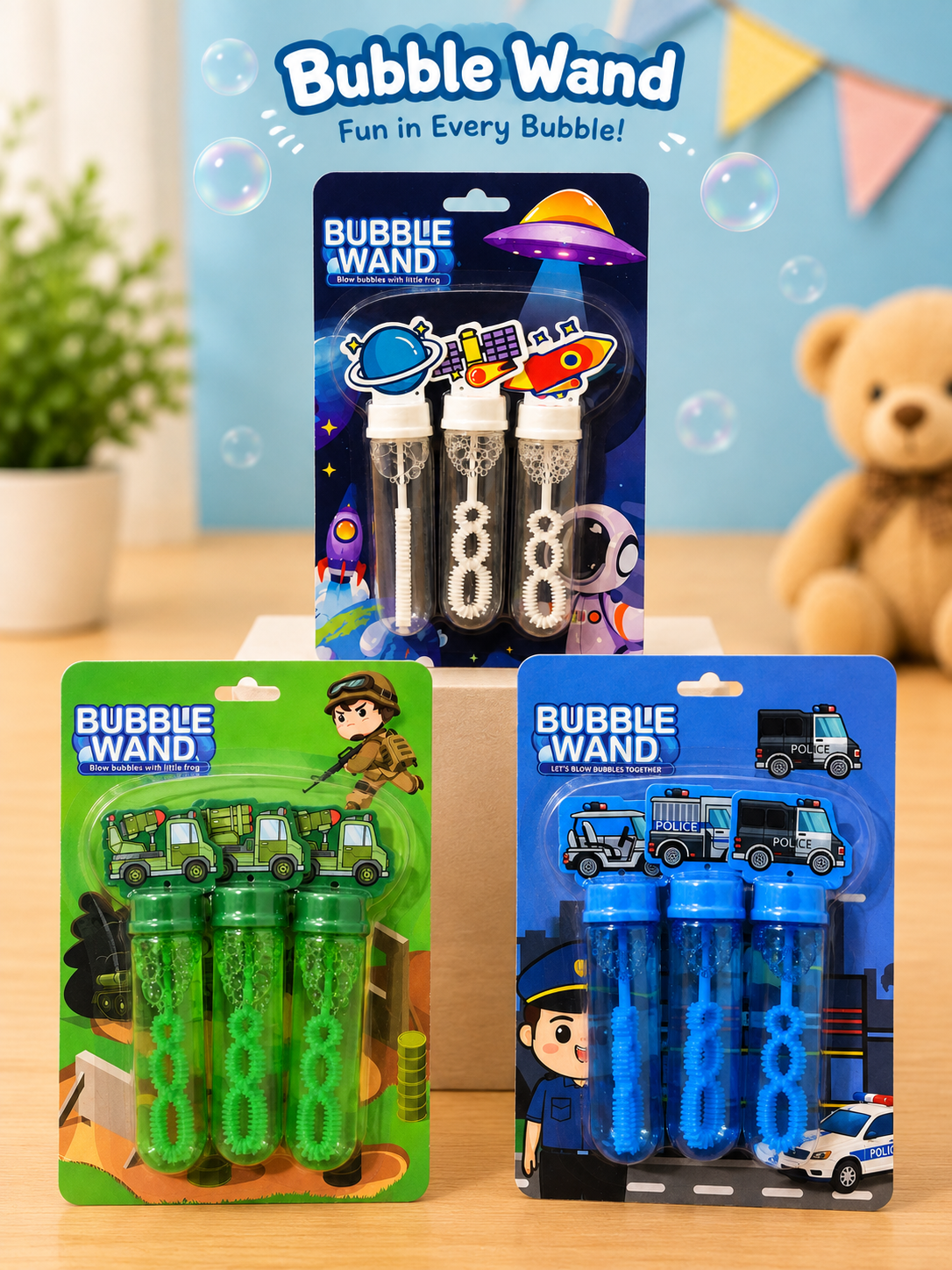 Kids Bubble Wand Set – Police, Army & Space Designs | 3-Piece Bubble Toy Pack Main image