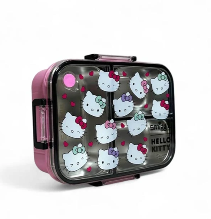 A pink and black Hello Kitty lunch box with a clear lid featuring multiple Hello Kitty face illustrations, shown on a white background.