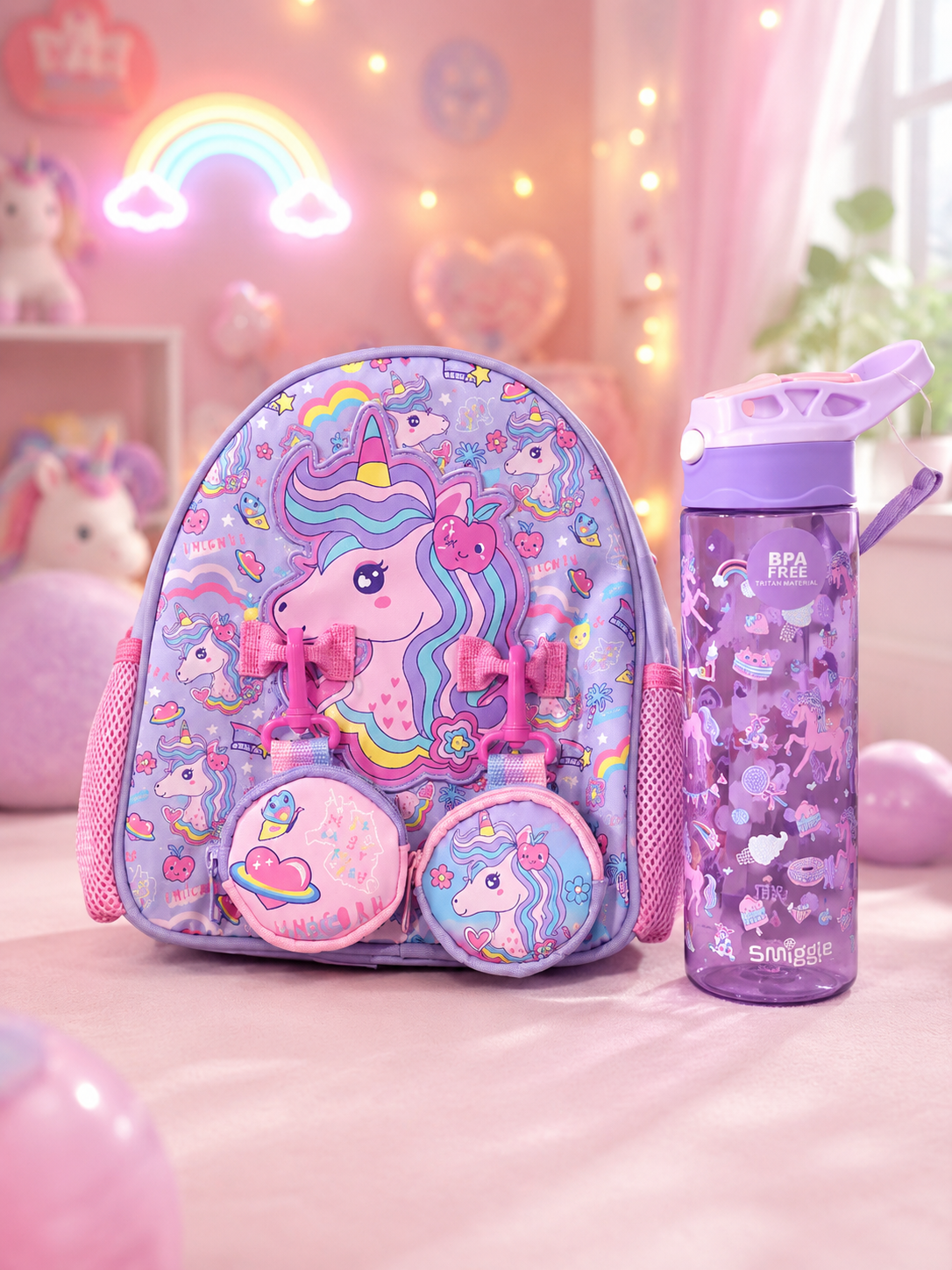 Smiggle Unicorn Backpack Water Bottle Set