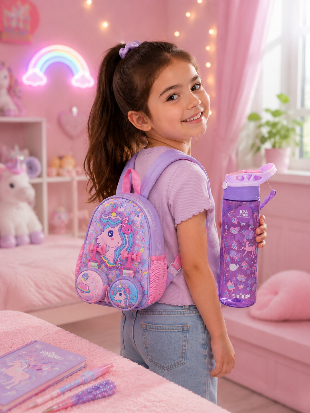 Smiggle Unicorn Backpack Water Bottle Set