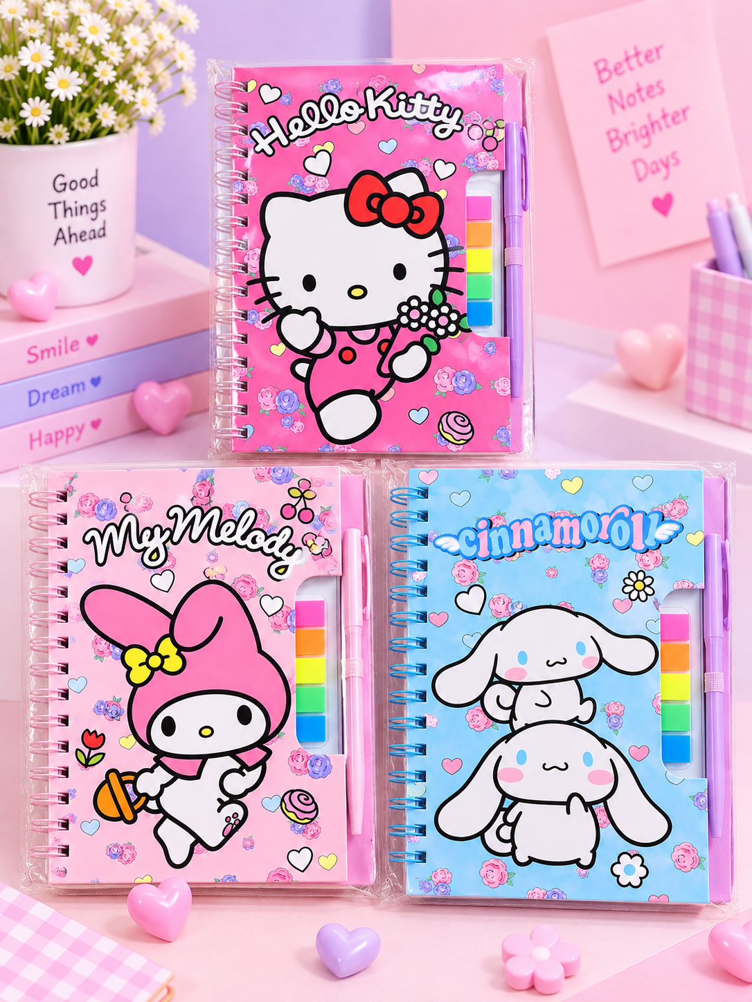 Sanrio A5 Spiral Diary with Pen & Sticky Notes – Hello Kitty, My Melody & Cinnamoroll Main image