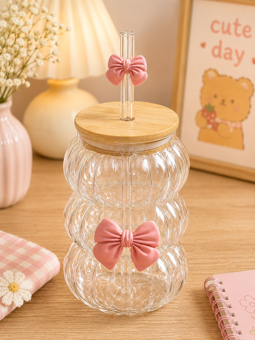 Cute Bow Glass Tumbler with Bamboo Lid & Glass Straw Main image