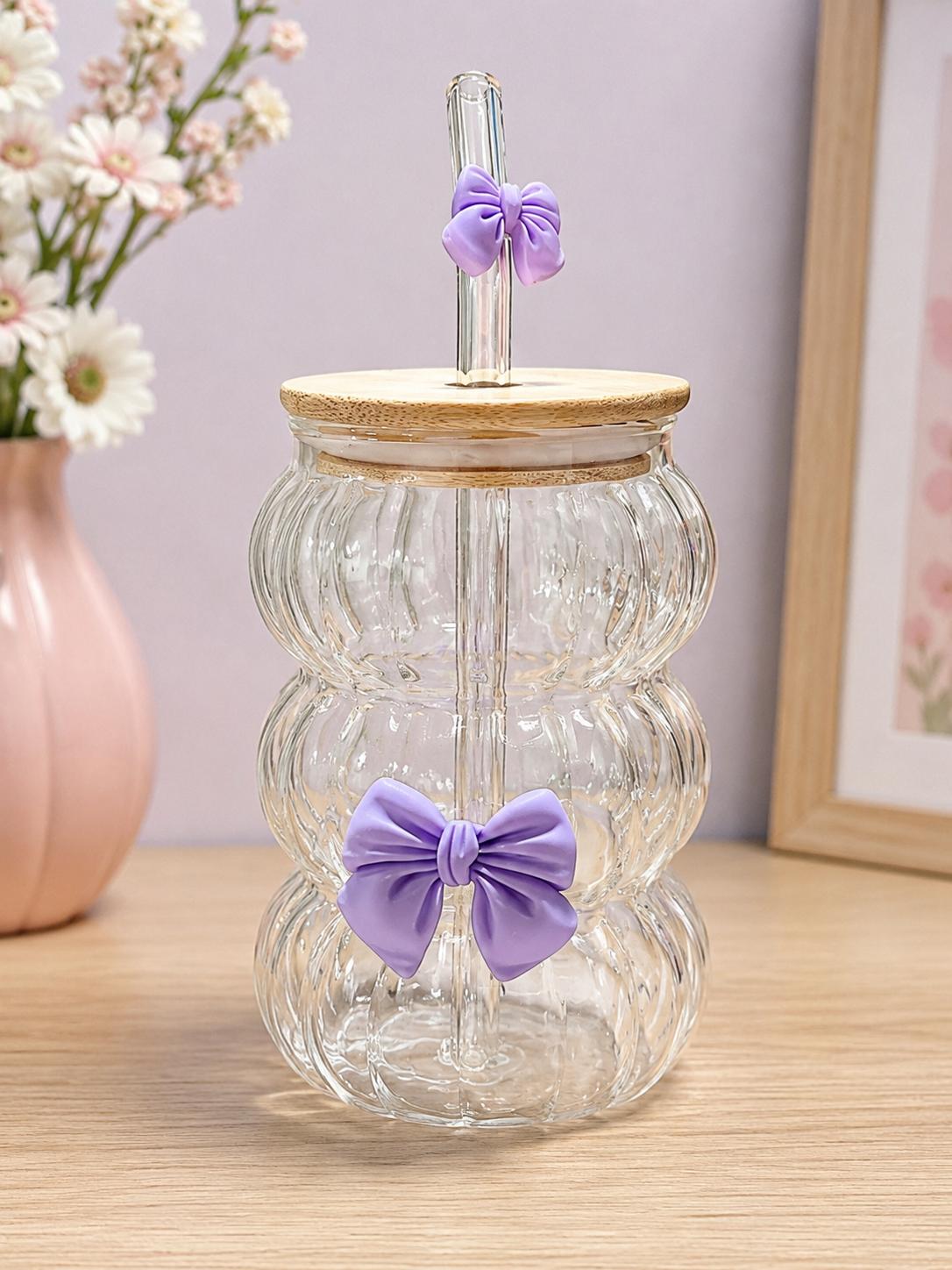 Cute Bow Glass Tumbler with Bamboo Lid & Glass Straw Secondary image