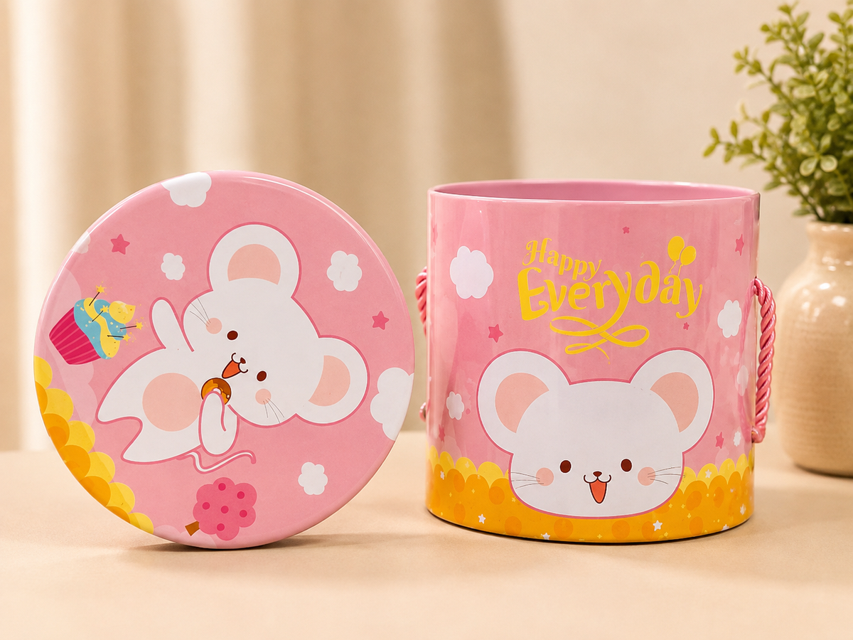Cute Cartoon Tin Storage Box with Handle – Pink & Blue Designs Main image