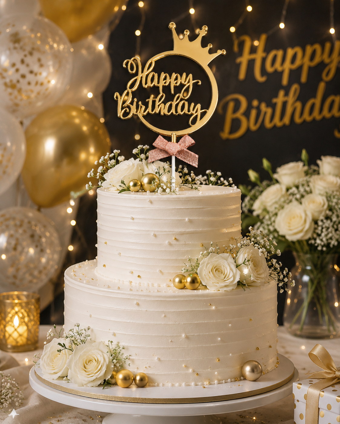 BIRTHDAY TOPPER WITH BOW - GOLD
