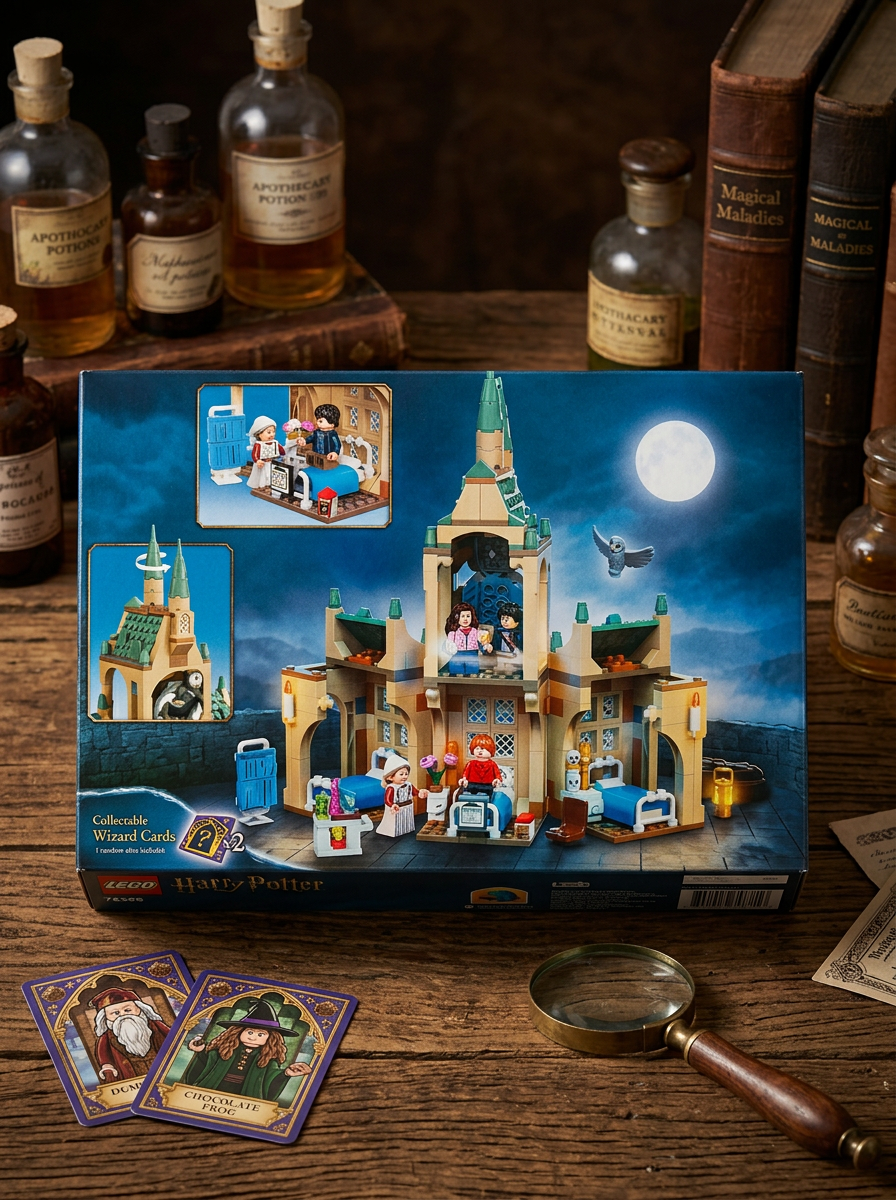 A boxed Harry Potter collectible wizard castle set displayed on a wooden table with vintage books and glass bottles in the background. The box shows a detailed castle scene at night with a full moon, and small accessory cards and a magnifying glass are placed in front.