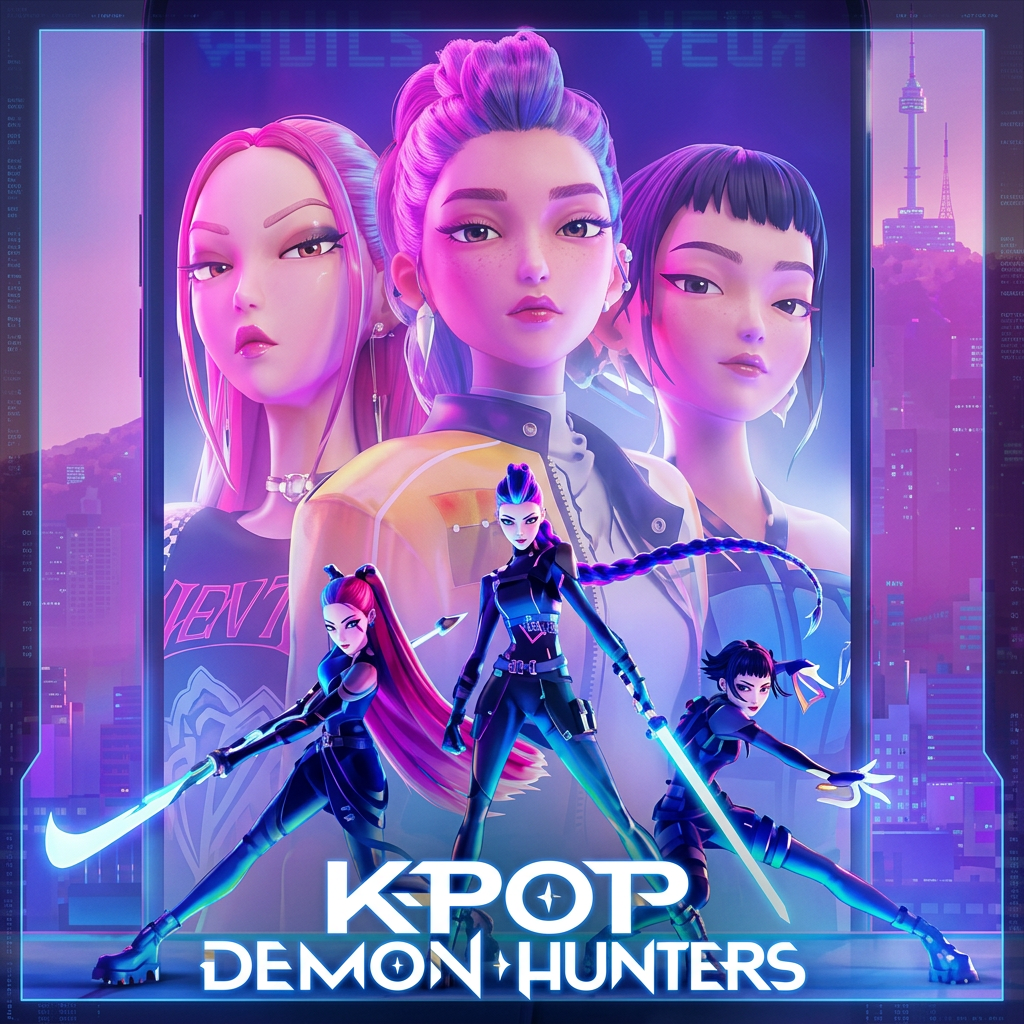 Promotional artwork for K-POP 'Demon Hunters' featuring four stylized female anime characters in futuristic neon outfits against a purple city skyline background, with the title text at the bottom.