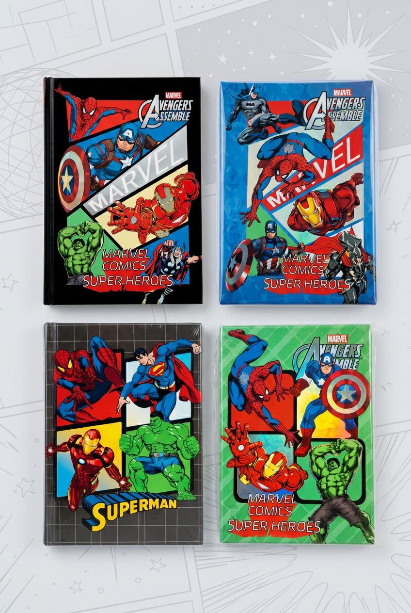 Four Marvel Avengers comic book covers arranged in a 2x2 grid on a light gray patterned background. The covers feature colorful illustrations of Spider-Man, Captain America, Hulk, and Superman, with Marvel branding visible on the top two covers. Main image
