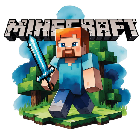 A pixel-art illustration of the Minecraft character Steve holding a sword, with the Minecraft logo above and trees and blue sky in the background.