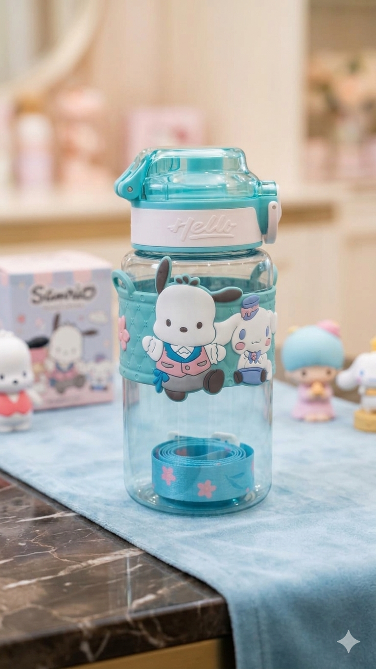 Pochacco & Cinnamoroll Water Bottle with Shoulder Strap