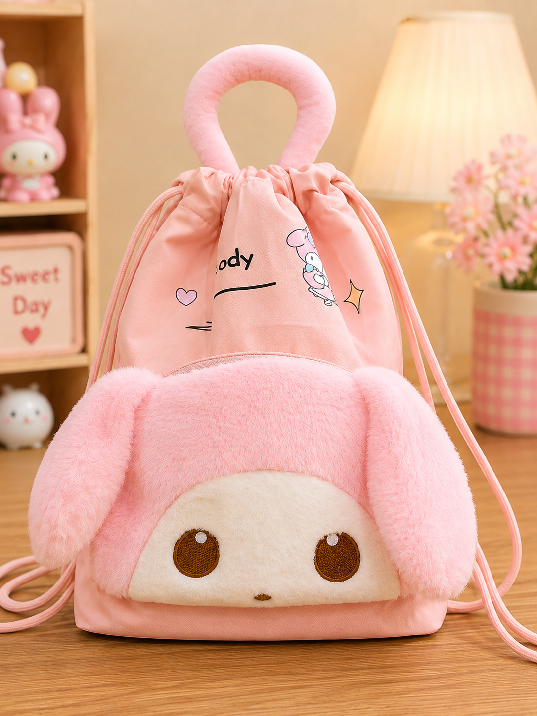 Sanrio Character Plush Drawstring Backpack – Kuromi, Cinnamoroll & My Melody