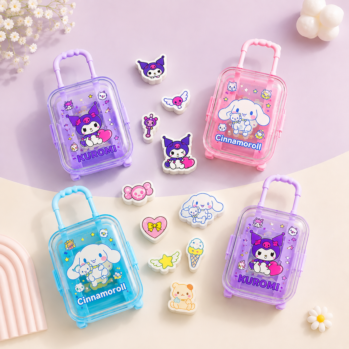 Sanrio Mini Suitcase Eraser Set – Kuromi, Cinnamoroll & My Melody