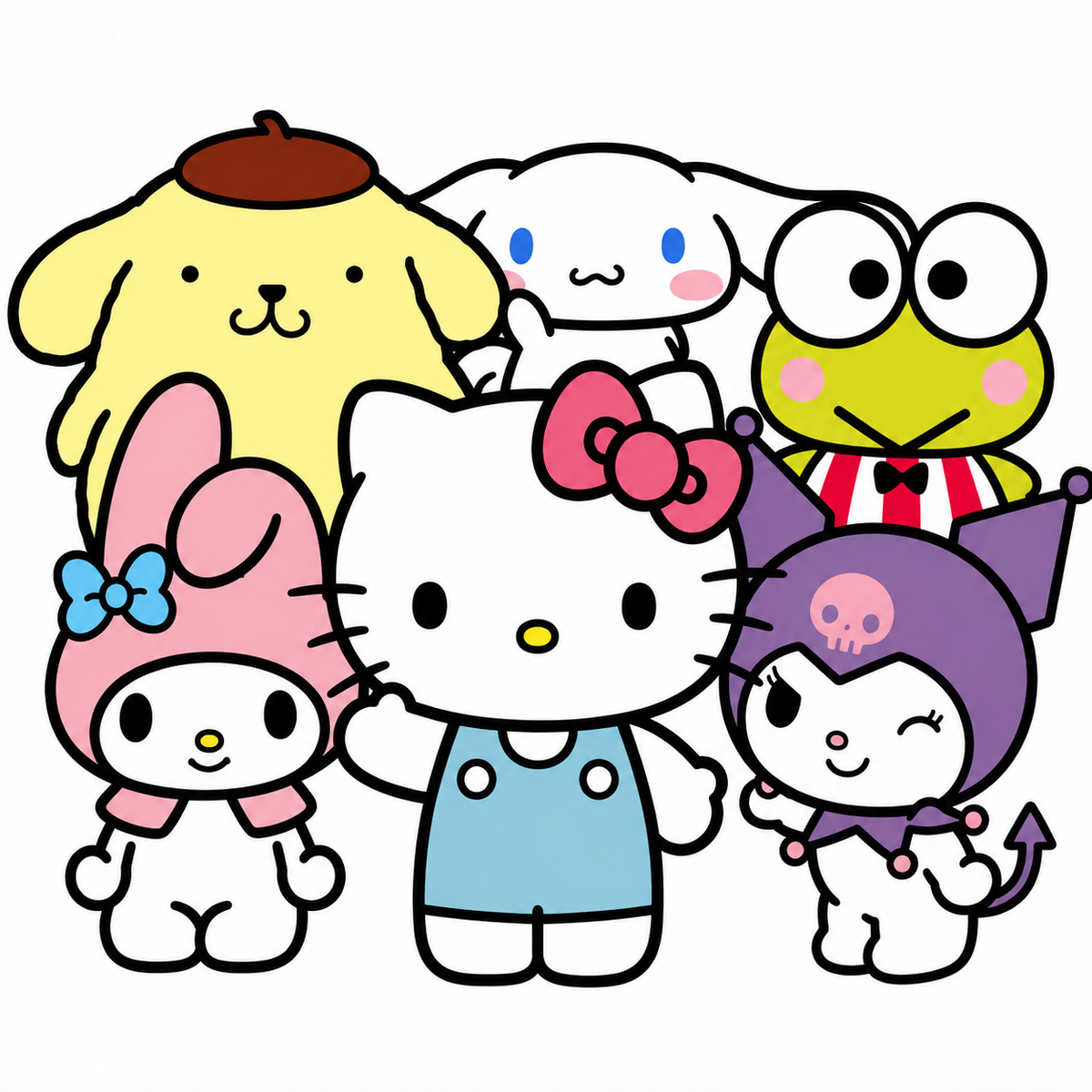 A group of cute sanrio characters on a plain white background: a yellow dog with a brown beret, a white bunny with blue eyes, a green frog in a red-and-white striped shirt, a pink bunny with a blue bow, a white cat with a pink bow and blue dress, and a purple character with a pink skull cap. Kuromi, My melody, Cinnamoroll, Hello Kitty