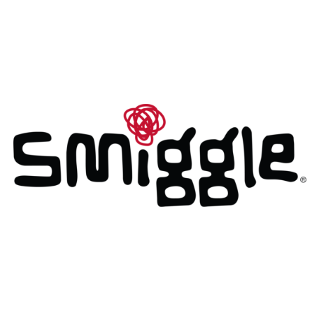 The Smiggle logo is shown in black stylized lettering with a red scribble mark above the letters, on a plain white background.