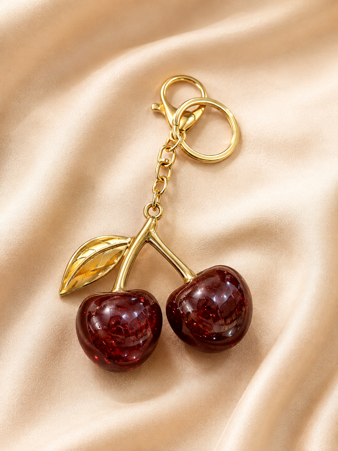 Sparkling Cherry Keychain – Red Glitter Cherry Bag Charm with Gold Leaf Secondary image