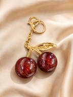 Sparkling Cherry Keychain – Red Glitter Cherry Bag Charm with Gold Leaf