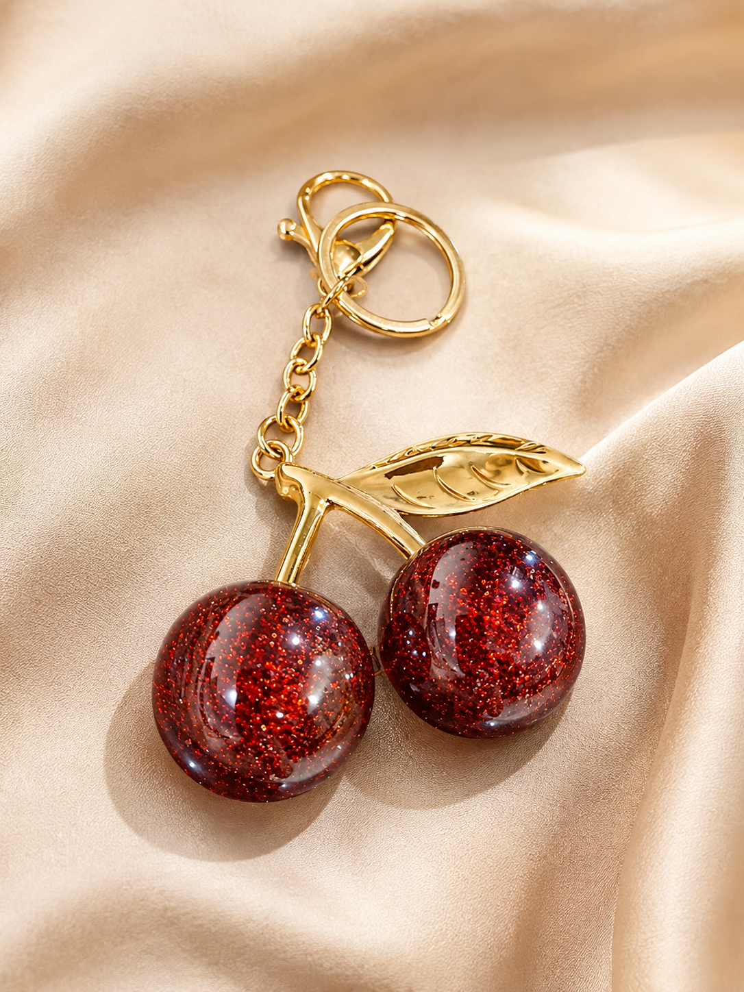 Sparkling Cherry Keychain – Red Glitter Cherry Bag Charm with Gold Leaf