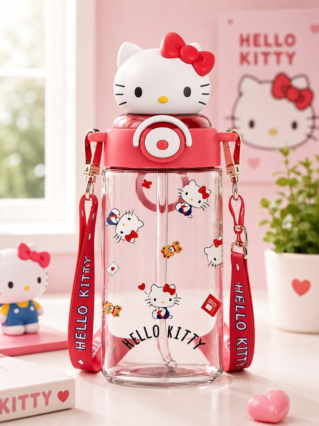 Hello Kitty Water Bottle with Shoulder Strap – 650ml