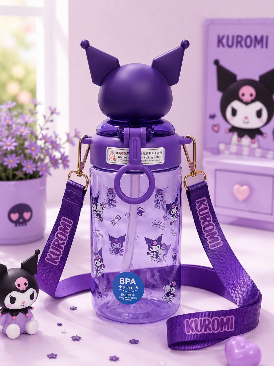 Kuromi Water Bottle with Shoulder Strap – 650ml