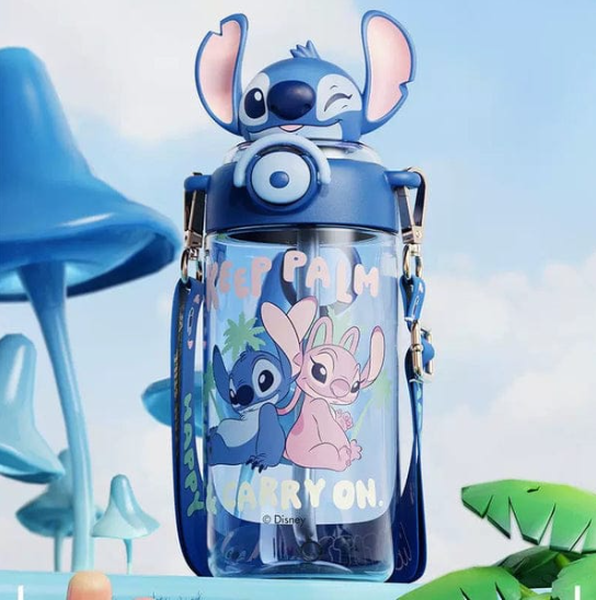 Disney Stitch & Angel Water Bottle with Shoulder Strap – 650ml