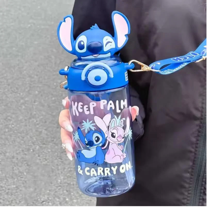 Disney Stitch & Angel Water Bottle with Shoulder Strap – 650ml