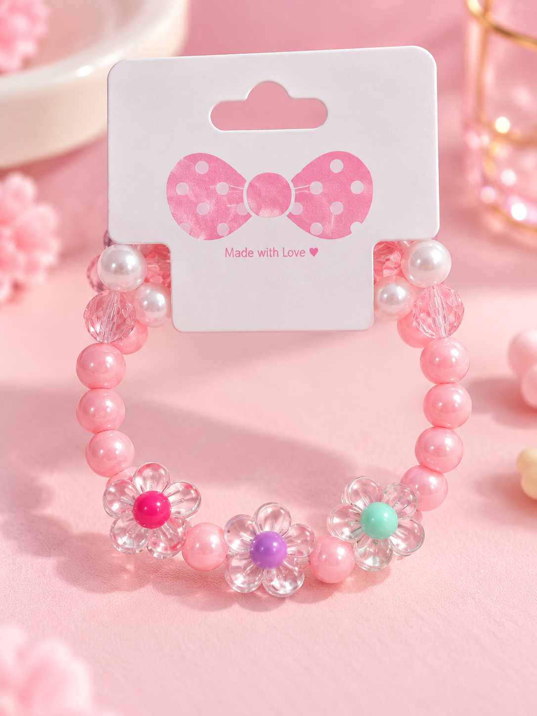 Pastel Beaded Bracelet Set with Cherry Charm- - 4 Piece