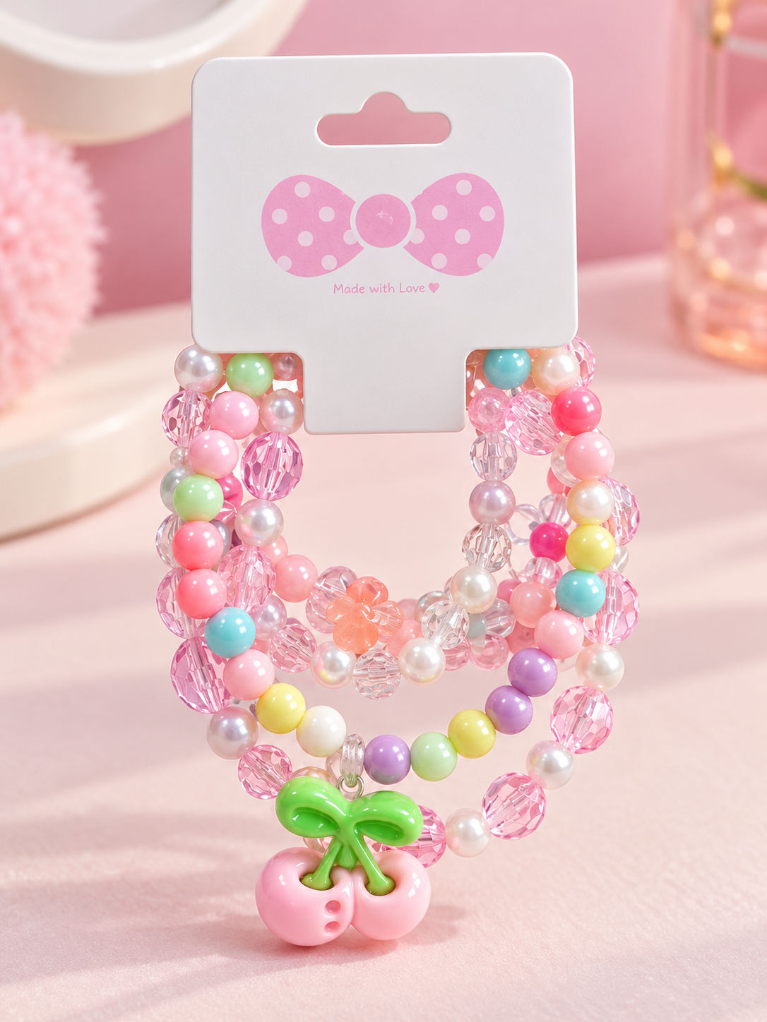 Pastel Beaded Bracelet Set with Cherry Charm- - 4 Piece Main image