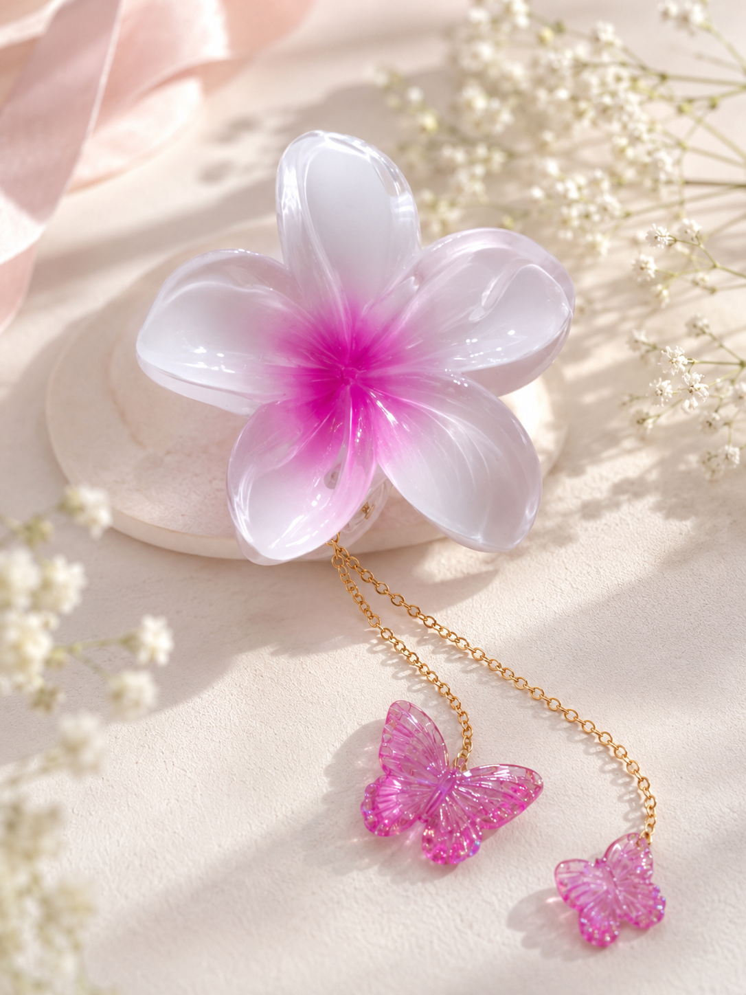 Flower Hair Claw with Butterfly Chain Charms