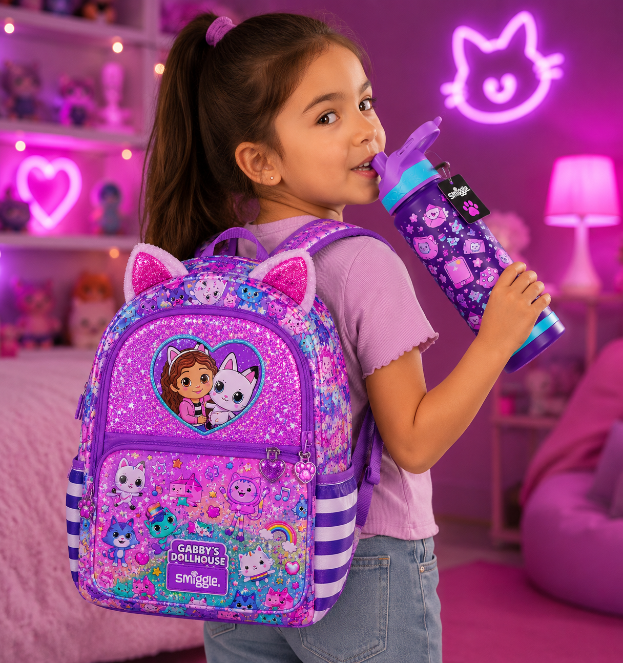 Smiggle Gabby's Dollhouse Backpack & Water Bottle Set