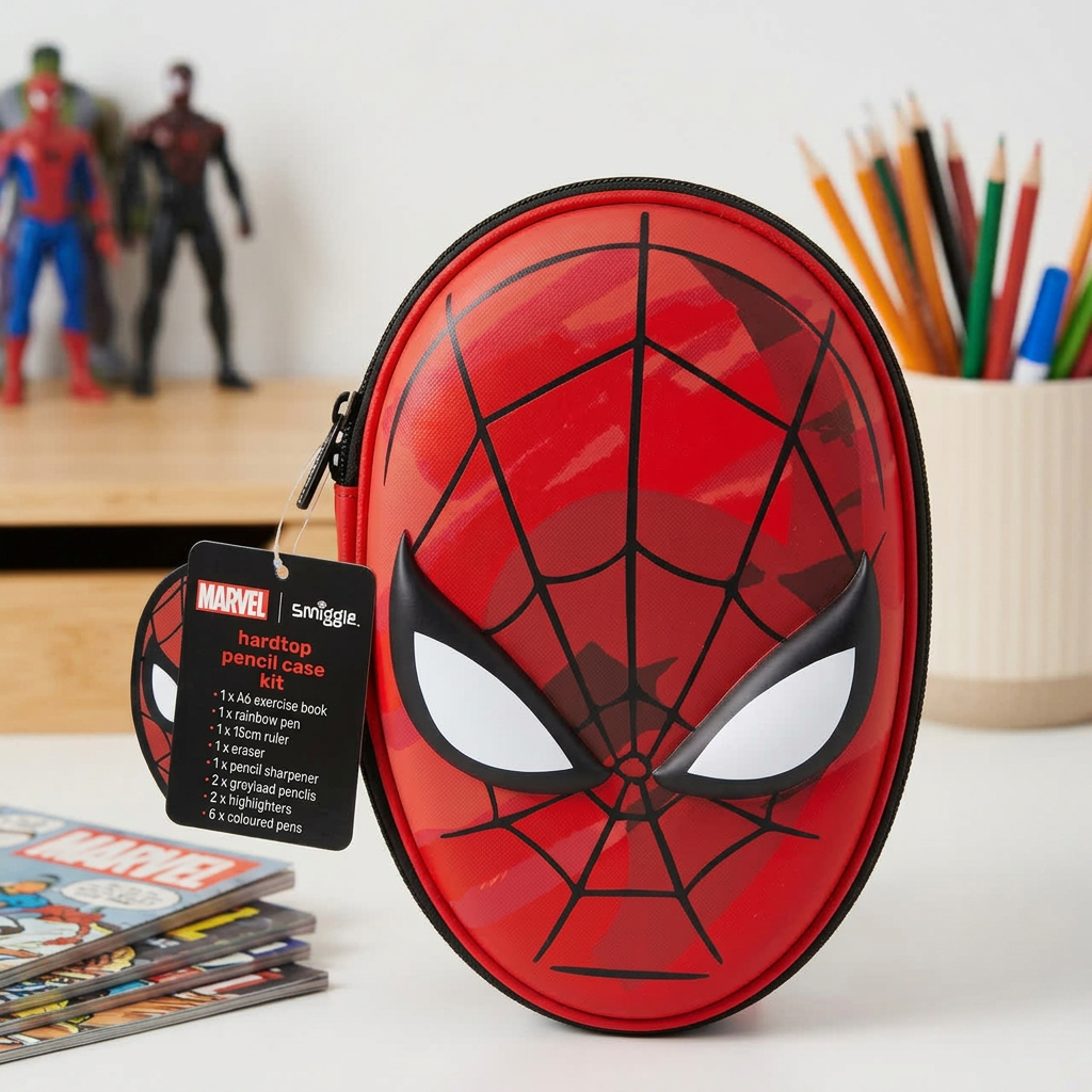 A red Spider-Man-themed hardtop pencil case with a black web pattern and white eyes, shown on a white tabletop with a Marvel-themed tag attached. The background includes blurred toy figures and colored pencils.