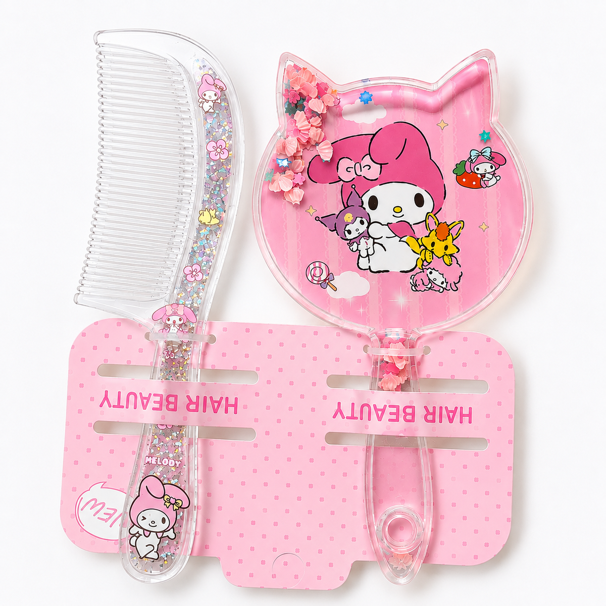 My Melody & Kuromi Glitter Comb and Mirror Set