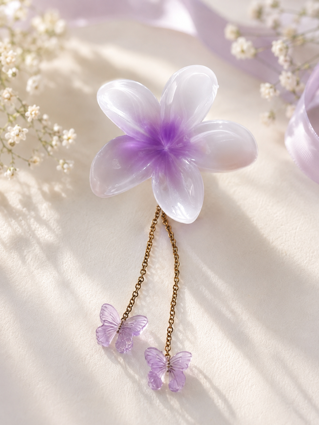 Flower Hair Claw with Butterfly Chain Charms