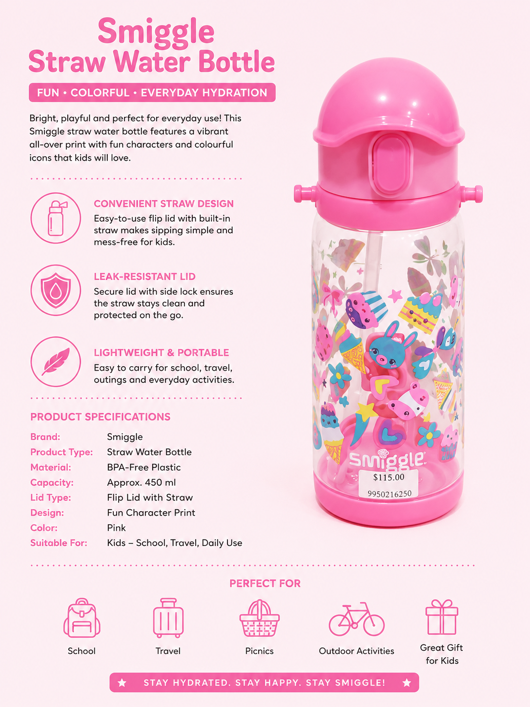 SMIGGLE PINK WATER BOTTLE Secondary image
