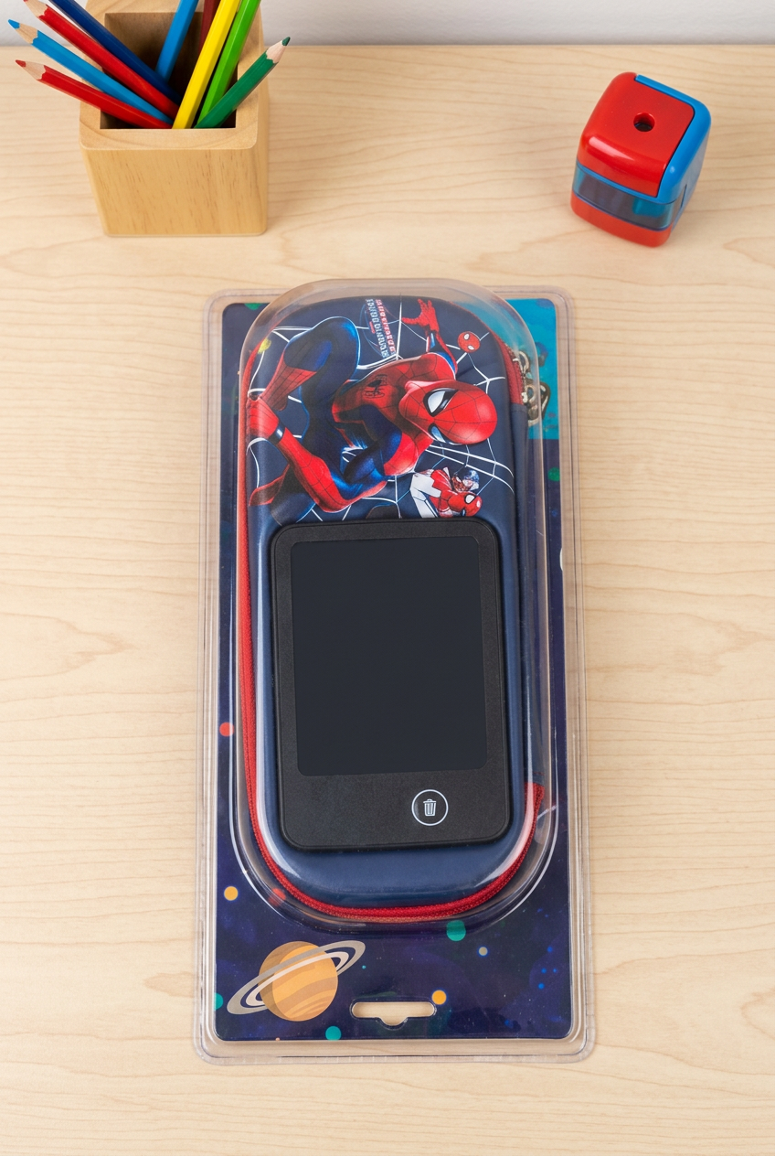 A children's tablet or electronic toy in clear blister packaging, featuring a Spider-Man design on the top and a dark screen area, placed on a light wood desk with pencils and a red/blue cube nearby.