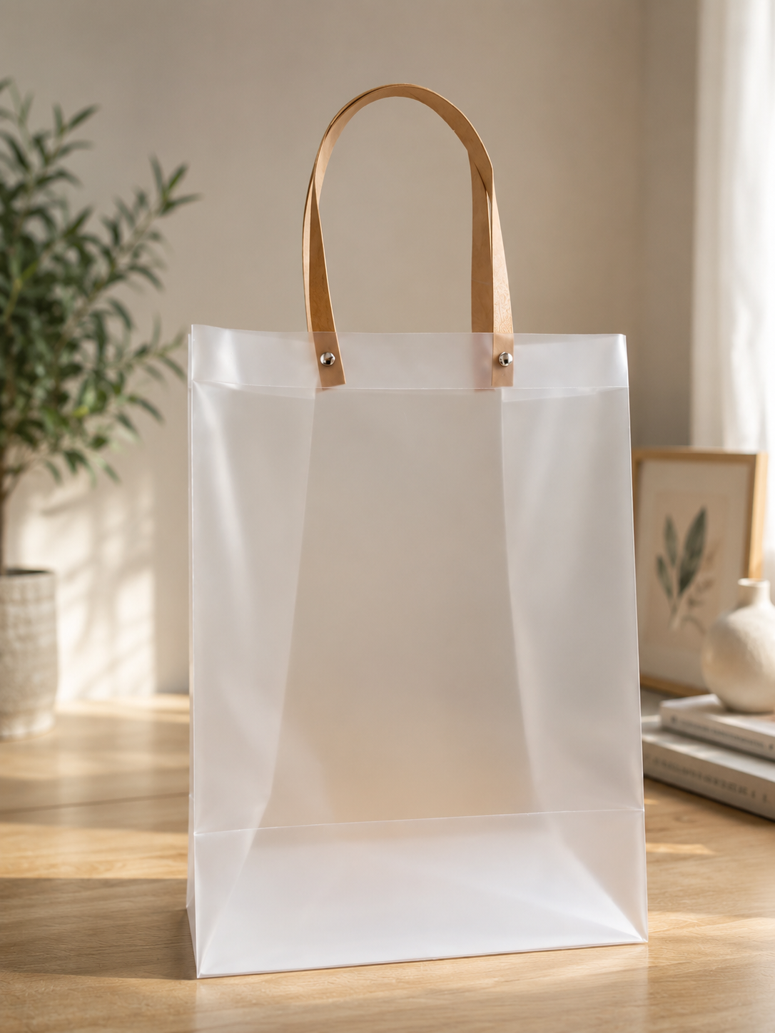 Frosted Plastic Gift Bag with Tan Handles Main image